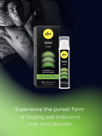 Pjur MAN Lust pleasure gel packaging with a man lying on a bed in the background.