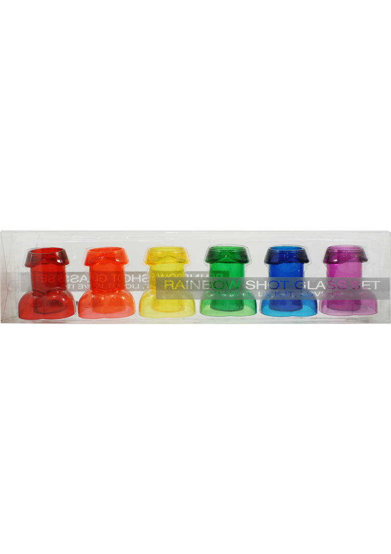 Rainbow Penis Shot Glass Set (Set of 6) in a clear plastic container on a white background