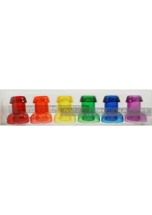 Rainbow Penis Shot Glass Set (Set of 6) in a clear plastic container on a white background
