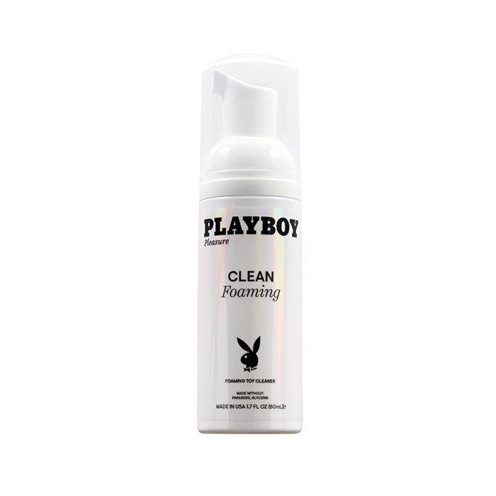 Evolved Novelties Playboy Pleasure Clean Foaming Toy Cleanser 1.7 oz white bottle with black writing.
