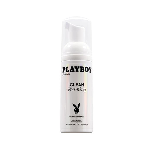 Evolved Novelties Playboy Pleasure Clean Foaming Toy Cleanser 1.7 oz white bottle with black writing.