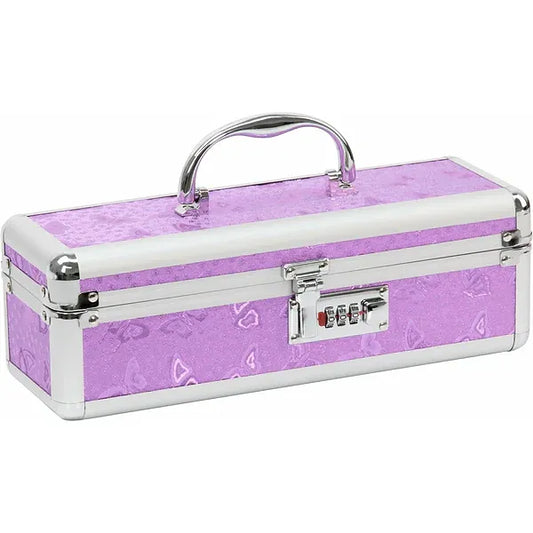 A rectangular purple and silver metal storage case with a combination lock by BMS Enterprises, featuring a carrying handle and butterfly pattern on the front, shown on a white background.