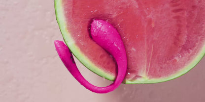 Pink Lovense Lush Mini Remote-Controlled Small & Powerful G-Spot Egg Vibrator inside a watermelon showing it's strong vibration power.