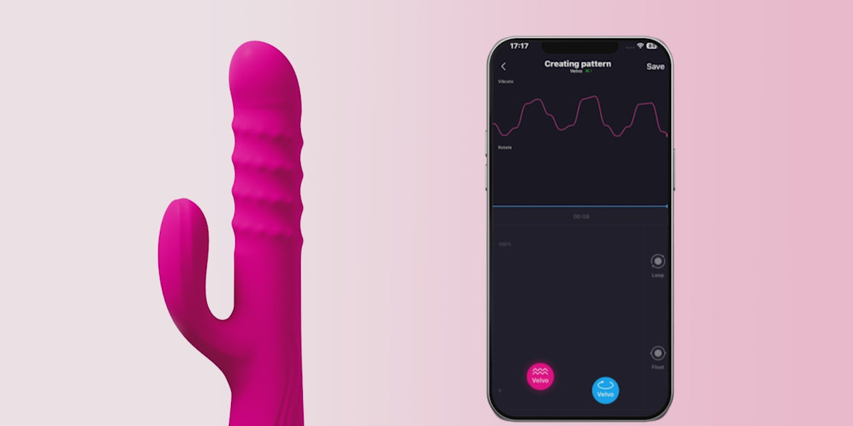 Pink Lovense Velvo Rabbit Vibrator next to smartphone showing the app functionality on a light background