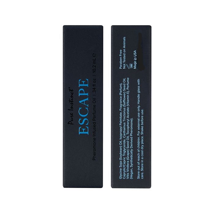 Ingredients label for Pure Instinct Escape cologne – includes alcohol denat, fragrance, pheromones