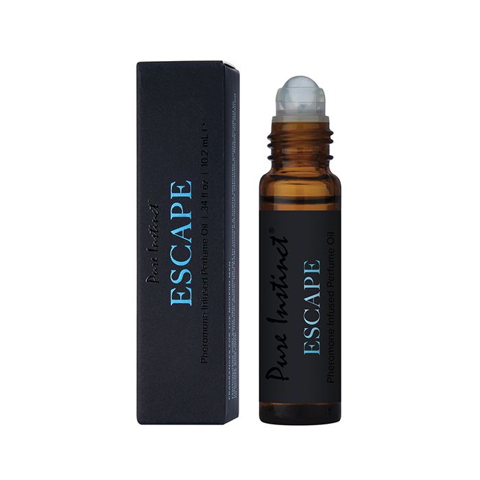 Pure Instinct Escape Men's Cologne bottle uncapped – masculine pheromone scent with patchouli and musk