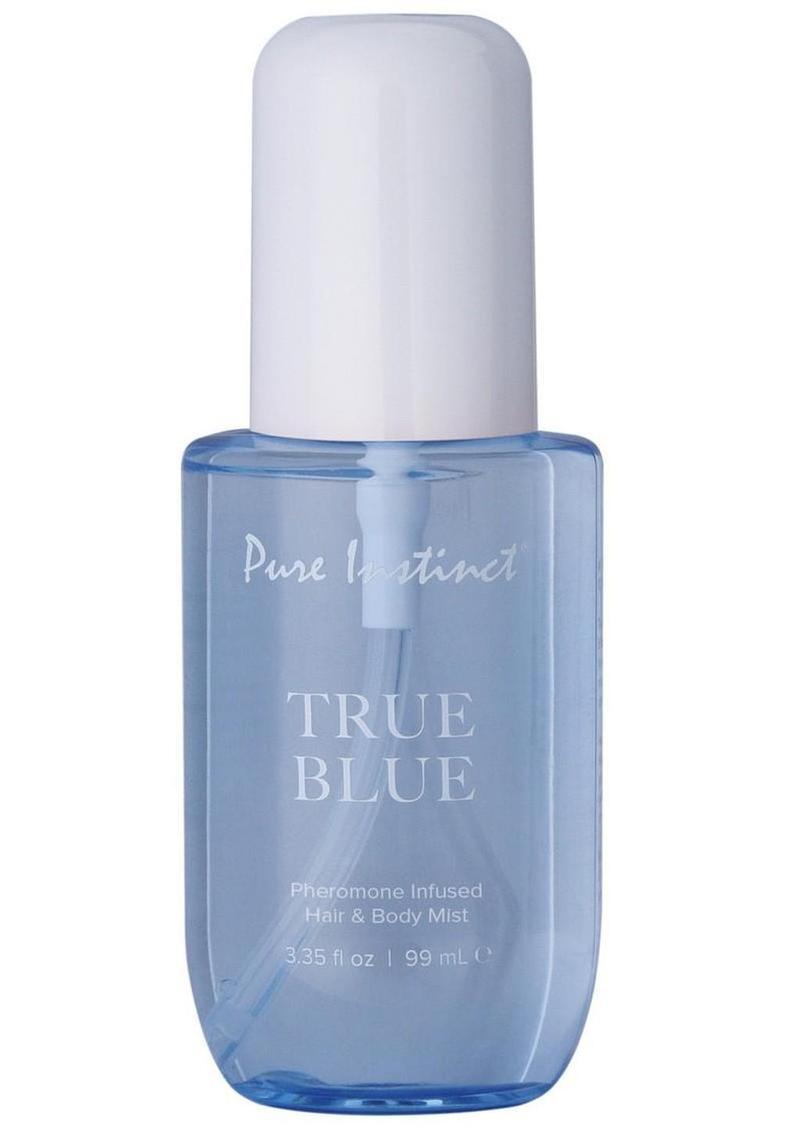 Blue bottle of Pure instinct True Blue Classic Brands Pheromone Unisex Hair & Body Mist for Sex appeal on a whilte background