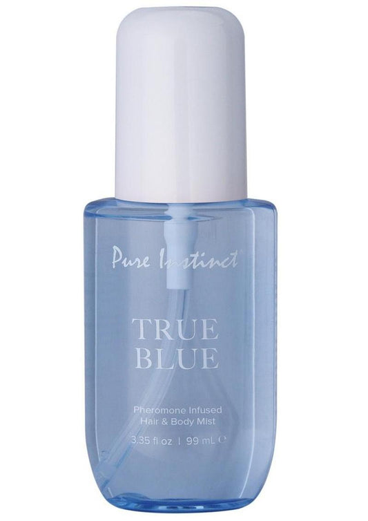 Blue bottle of Pure instinct True Blue Classic Brands Pheromone Unisex Hair & Body Mist for Sex appeal on a whilte background