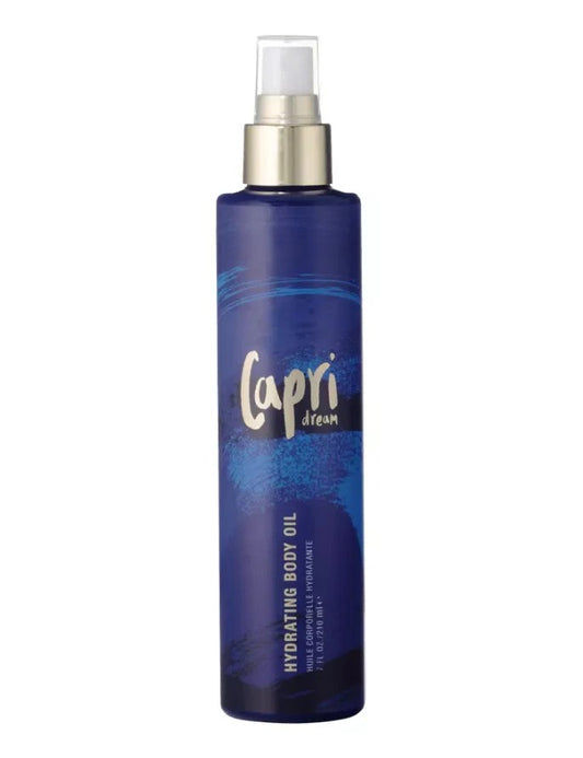 Pure Romance Capri Dream body oil with floral label, scented with island flowers and agave nectar
