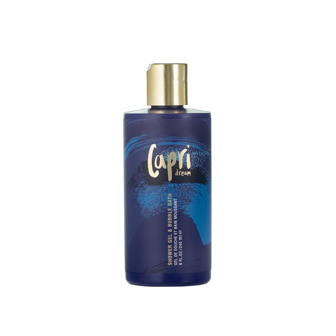 Pure Romance Capri Shower Gel and bubble bath blue bottle with gold lid on white background.