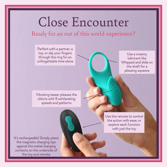 Pure Romance Close Encounter Vibrating Cock Ring with Remote Control and flyer showing all features