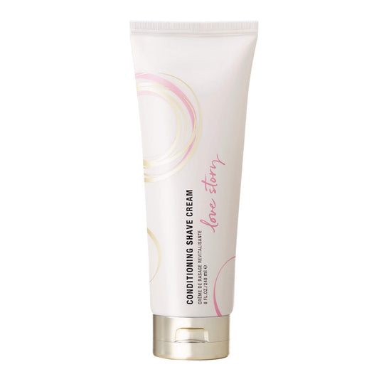 Pure Romance Rash Free Conditioning Shave Cream tube with 'love story' text on a white background
