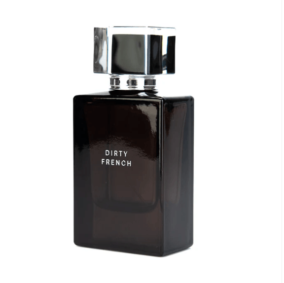 Pure Romance Black perfume bottle labeled 'Dirty French' featuring new packaging on a white background