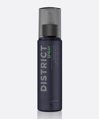 Pure Romance District men's pheromone body spray bottle on a white background