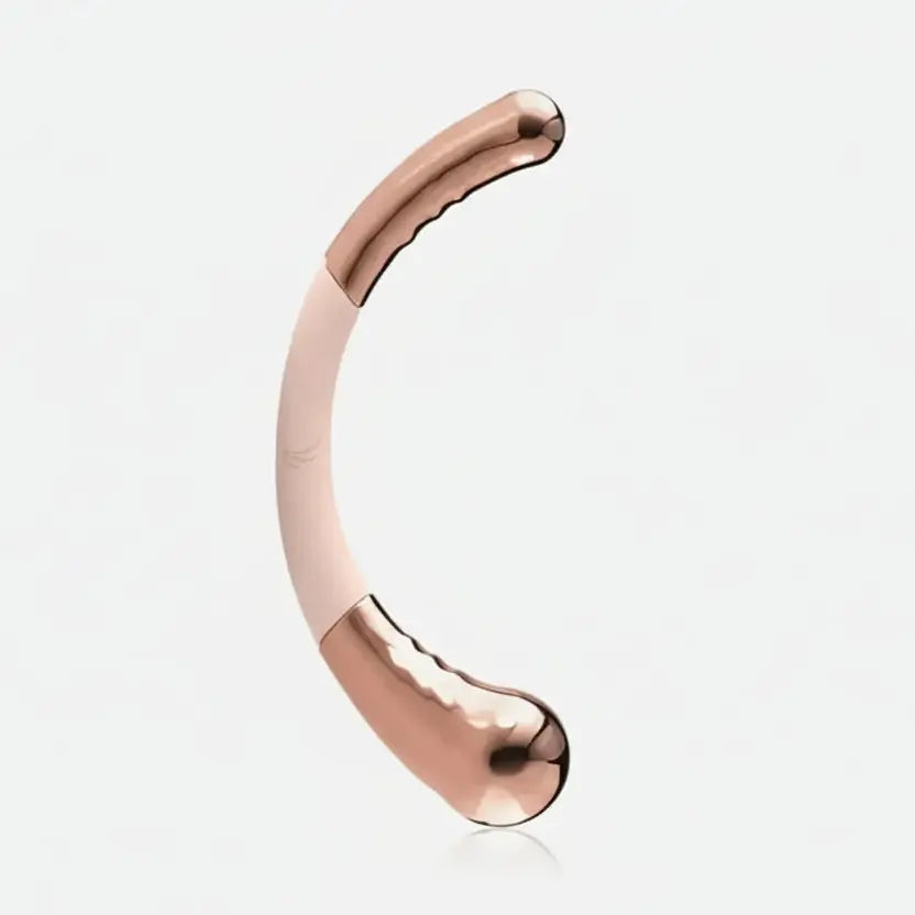 Pure Romance Euforia rose gold G1 G-spot wand with dual stainless steel ends and silicone handle on white background