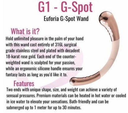 Euforia G1 G-Spot Wand by Pure Romance with product description text on a white background