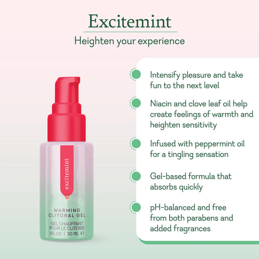 Excitemint warming clitoral gel with product benefits and features on a light green background