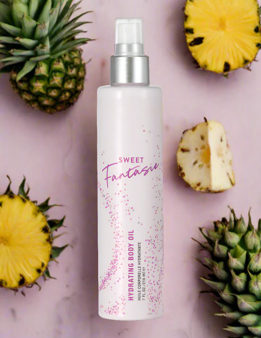 Pure Romance bottle of pheromone body oil with pineapple background