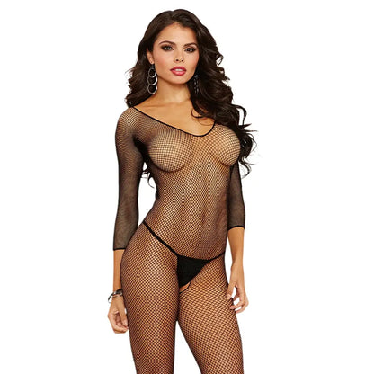 Woman wearing a Pure Romance Sheer Beauty black fishnet bodysuit on a white background