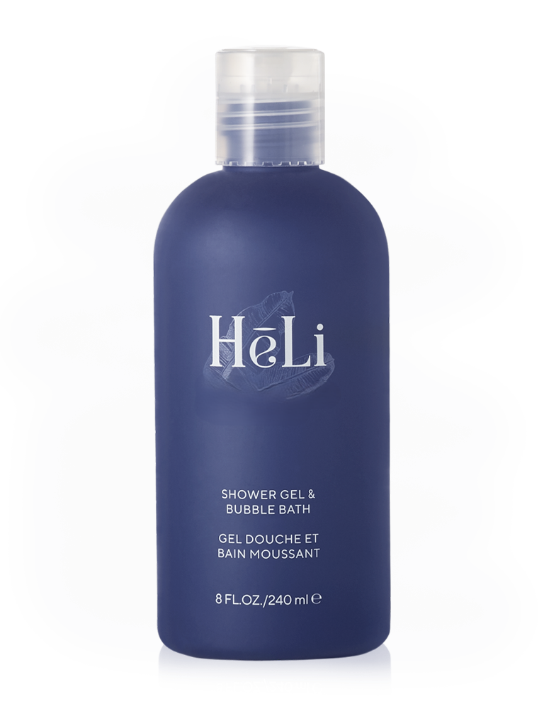 Blue bottle of Pure Romance unscented  HéLi shower gel and bubble bath on a white background