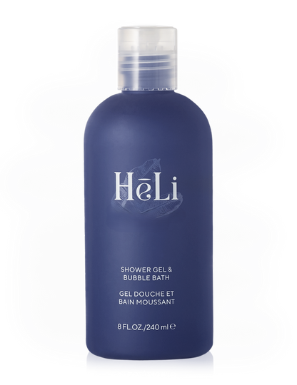 Blue bottle of Pure Romance unscented  HéLi shower gel and bubble bath on a white background