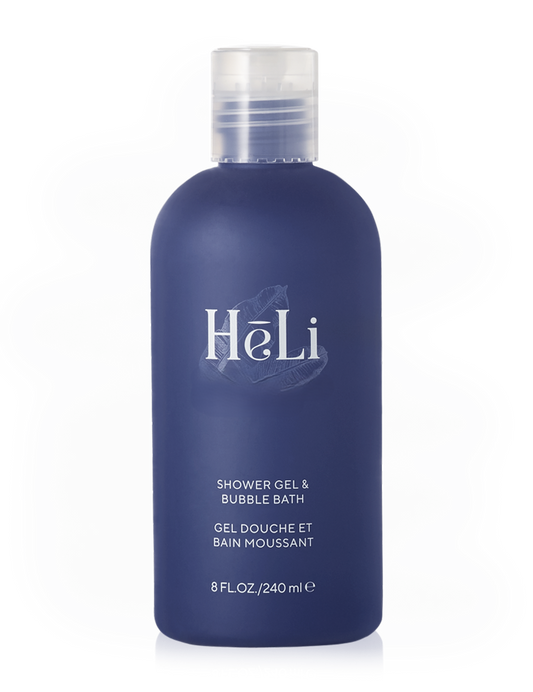 Blue bottle of Pure Romance unscented  HéLi shower gel and bubble bath on a white background