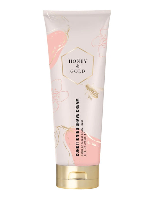 Honey  & Gold rash-free shave cream in a gold bottle – made by Pure Romance