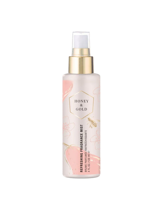 Honey & Gold Body Mist spray bottle with golden label, scented with honey blossom and pear