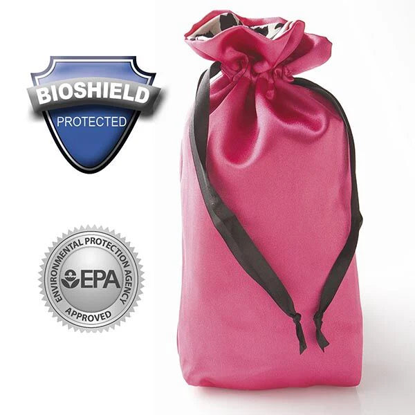Pure Romance's Sugar Sak Hot Pink drawstring bag with EPA and Bioshield logos on a white background