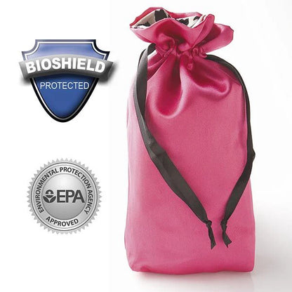 Pure Romance's Sugar Sak Hot Pink drawstring bag with EPA and Bioshield logos on a white background