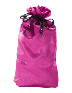 Pure Romance Sugar Sak Hot Pink drawstring toy tote bag with black drawstrings and leopard print inside on a transparent background
