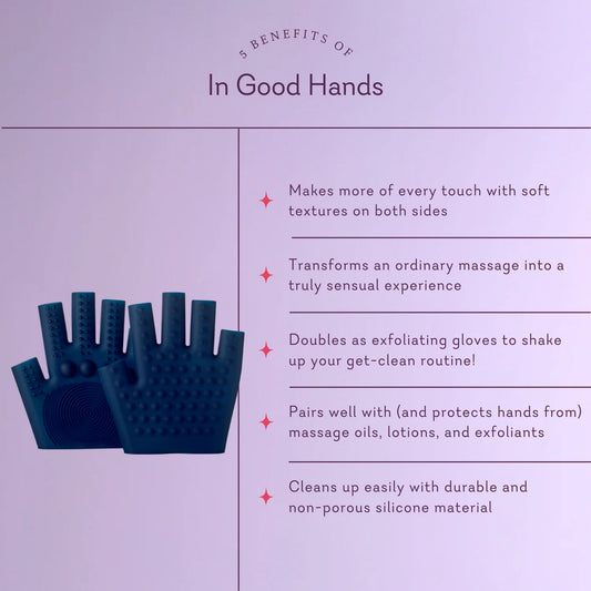 Pair of Pure Romance In Good Hands Blue massage gloves with text listing benefits on a purple background