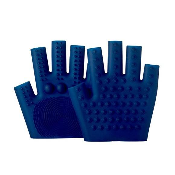 Pair of Pure Romance In Good Hands blue massage gloves with textured surface on a white background