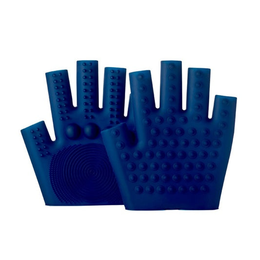 Pair of Pure Romance In Good Hands blue massage gloves with textured surface on a white background
