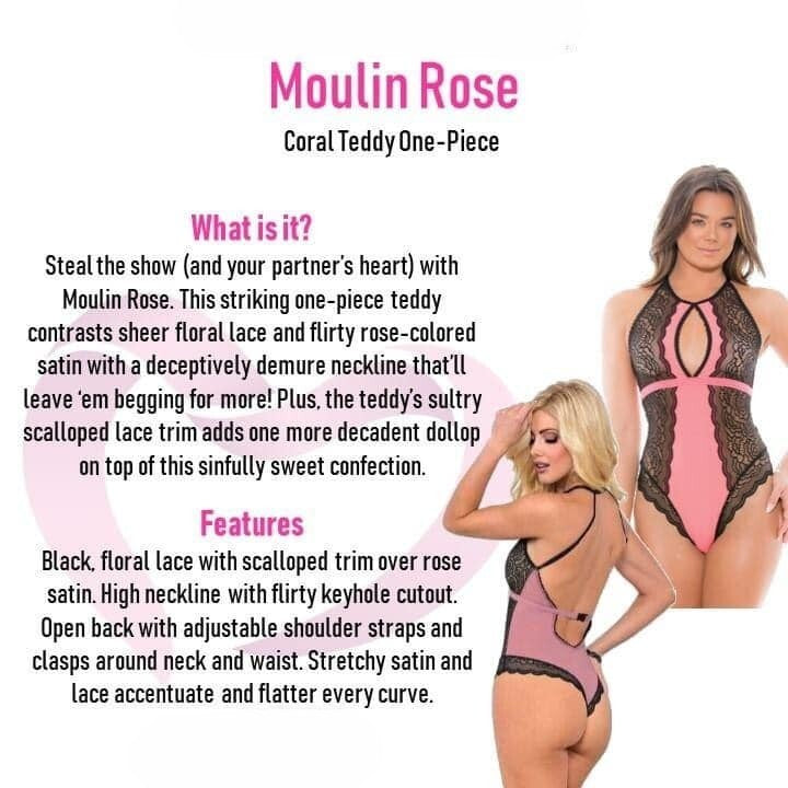 Pure Romance Moulin Rose Coral Teddy One-Piece with product description and features on a white background
