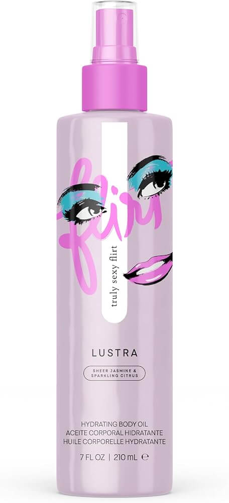 Pure Romance Truly Sexy Flirt Lustra body oil bottle with a pink cap and branding on a white background