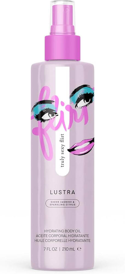 Pure Romance Truly Sexy Flirt Lustra body oil bottle with a pink cap and branding on a white background