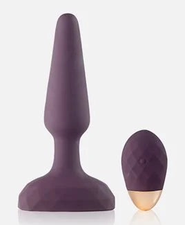 Deep purple colored Pure Romance Hypnotic Mesmerize Anal vibrator with remote on white background.