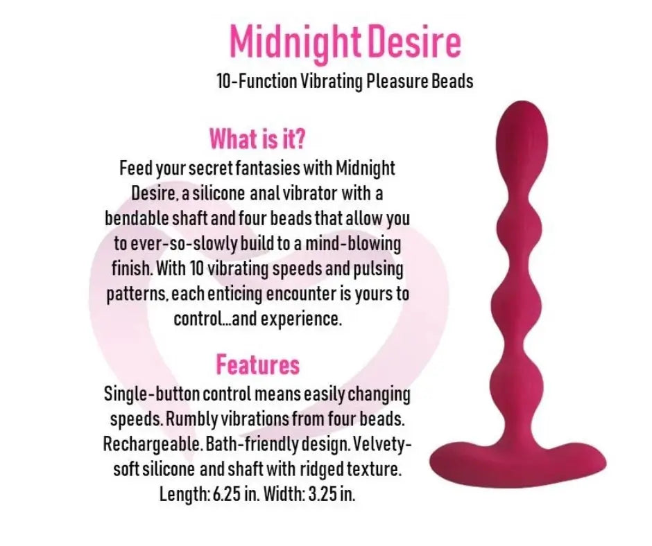 Pure Romance Midnight Desire Pink silicone bendable vibrating graduated beads on a white background listing all specifications and size description