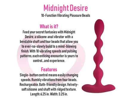 Pure Romance Midnight Desire Pink silicone bendable vibrating graduated beads on a white background listing all specifications and size description