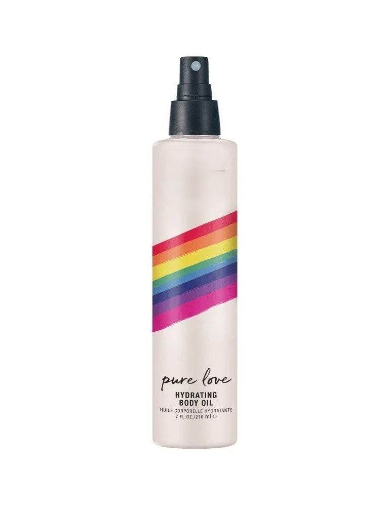 Bottle of Pure Romance 'pure love' hydrating body oil with a rainbow design on a white background