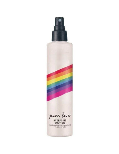 Bottle of Pure Romance 'pure love' hydrating body oil with a rainbow design on a white background