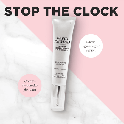 Tube of Pure Romance 'Rapid Rewind' serum on a marble and pink background with text about the product.