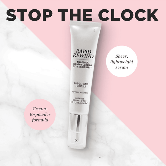 Tube of Pure Romance 'Rapid Rewind' serum on a marble and pink background with text about the product.