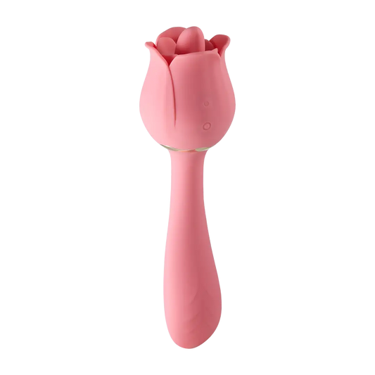 Risqué Rose dual-motor vibrator with tongue-like teaser and flexible textured shaft for versatile pleasure by Pure Romance.