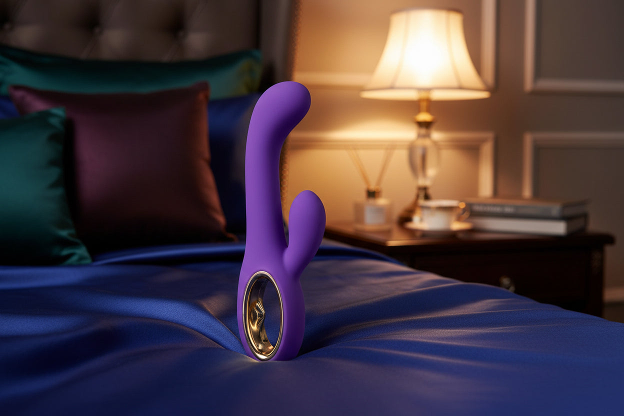 Standing Ovation Dual Vibrator by Pure Romance featured in a romantic bedroom setting.