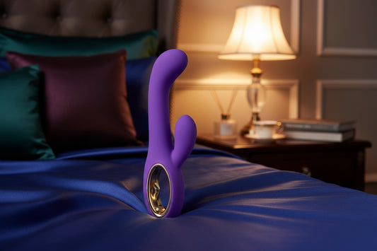 Standing Ovation Dual Vibrator by Pure Romance featured in a romantic bedroom setting.