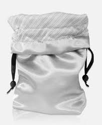 Pure Romance's silky silver drawstring bag with black closure folded down so you can see pinstriped liner on a white background. Made by Sugar Sak.