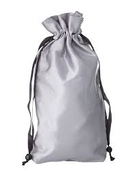 Pure Romance's Silver drawstring toy tote bag on a white background. Made by Sugar Sak.