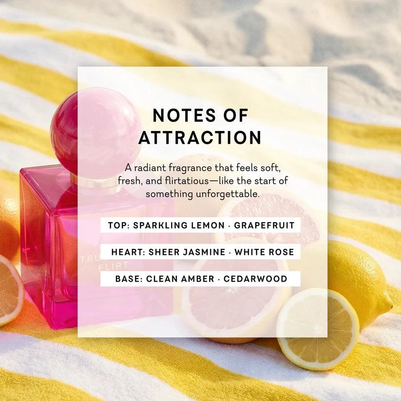 Truly Sexy Flirt Perfume bottle with lemon slices and a card detailing fragrance notes on a striped fabric background
